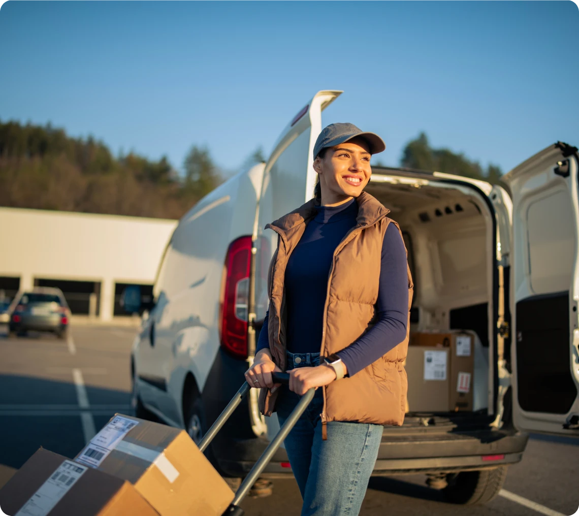 Smiling courier beside delivery van
